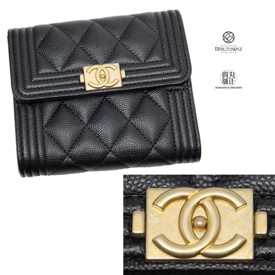 シャネル BOY CHANEL スモールフラップウォレット A80734 ブラック/ゴールド金具 キャビアスキン 2020 黒 三つ折り 財布（M211838）｜y-marusho78｜06