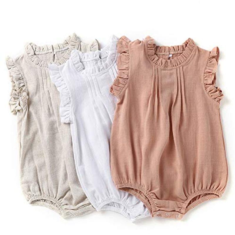 F 039 S Maumu ベビー コットン リネン ノースリーブ 袖なし フリル ロンパース かわいい ベビー服 新生児 赤ちゃん 女の子 服 ド 本物品質の