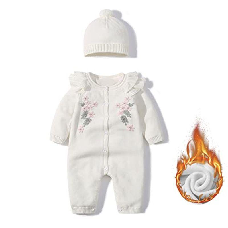 ベビー服 ロンパース 綿100 ニット 可愛い刺繍 長袖 帽子つき 前開き 春 秋 冬 暖かい 女の子 新生児服 出産祝い 子供服 Siz 全商品オープニング価格