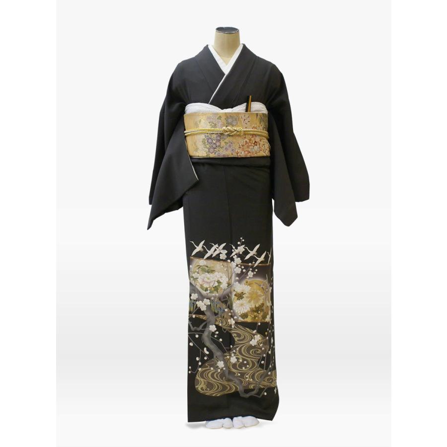 色留袖レンタル 黒緑色・ブラック・グリーン 梅に菊・千羽鶴[4泊5日・小物セット付・送料無料]/結婚式 着物 母親 ママ 母 叔母 伯母 /婚礼和装の貸衣装