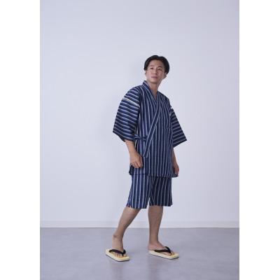 ふるさと納税 筑後市 筑後市産織物 紳士用甚平(しじら織・縞柄) 紺 Mサイズ