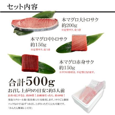 ふるさと納税 いわき市 本マグロ大トロ中トロ赤身セット　約500g　解凍レシピ付き　1サクずつ真空包装｜y-sf｜02