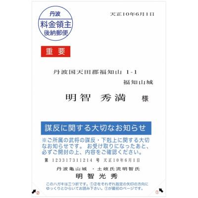 ふるさと納税 福知山市 明智光秀からの「謀反のお知らせハガキ」&amp;福知山城ペア招待券