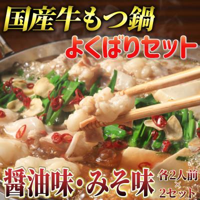 ふるさと納税 那珂川市 国産牛よくばりもつ鍋セット 醤油味2人前&amp;みそ味2人前(計4人前)〆は米粉麺(那珂川市)