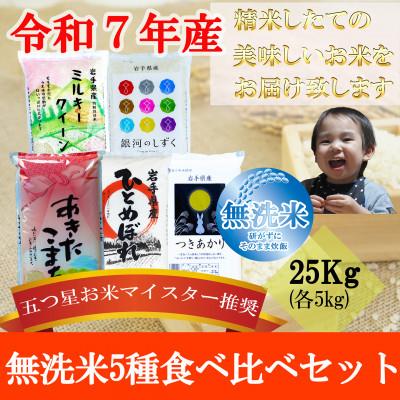 ふるさと納税 盛岡市 無洗米 5種食べ比べ 銀河のしずく ひとめぼれ あきたこまち ミルキークィーン つきあかり 各5kg