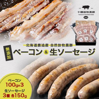 ふるさと納税 鹿追町 北海道鹿追産 自然放牧 圧巻の黒豚 無添加 ベーコン(100g×3)&amp;生ソーセージ(3種各150g)