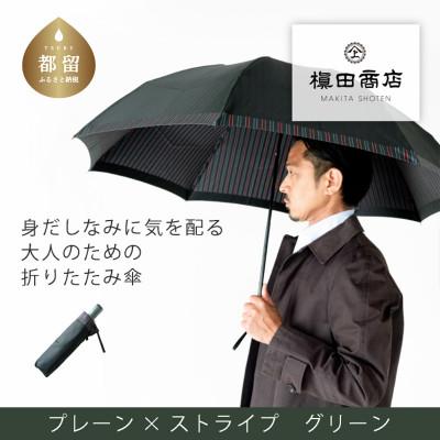 ふるさと納税 都留市 紳士折りたたみ傘 Tie Plain×Stripe GREEN|槙田商店の職人が作る高品質な日本製傘