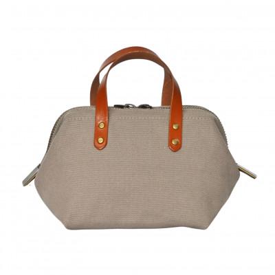 ふるさと納税 長浜市 帆布ミニポーチ サンドベージュ×選べる本革持ち手6色[コニャック(琥珀色)]