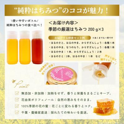 ふるさと納税 大網白里市 千葉県産「厳選純粋はちみつ」200gボトル×3本【ランダムにセレクト】の画像