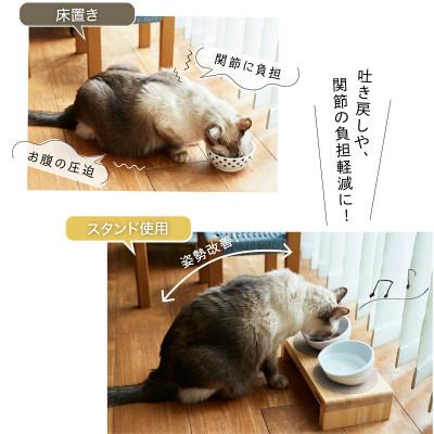 ふるさと納税 新居浜市 ペット用 フードボウルスタンドセット 国産ヒノキ 「ネコトキ」(ダブル)ホワイト\u0026ペールピンクの画像