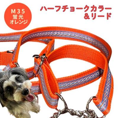 ふるさと納税 浜松市 中型犬用 Mサイズ ハーフチョークカラーとリードのセット [シルバーラインに蛍光オレンジ]