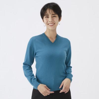 ふるさと納税 泉大津市 日本製 カシミヤ100% レディース Vネック ブルーグリーン 2Lサイズ