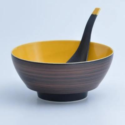 ふるさと納税 佐賀県 究極のラーメン鉢レンゲセット 黒朱刷毛山吹釉赤釉 ペア 41APCD056の画像