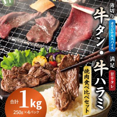 ふるさと納税 泉佐野市 牛タン焼肉 オリジナルスパイス&amp;牛ハラミ甘辛 食べ比べ焼肉セット 合計1kg(250g×4P)