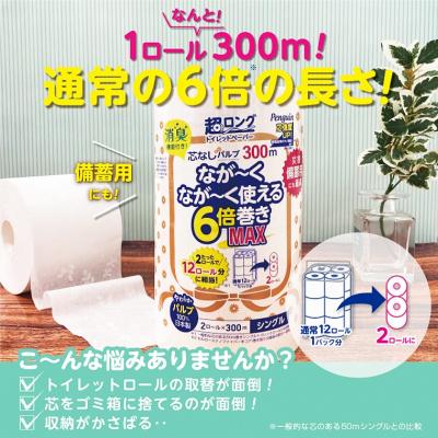 ふるさと納税 富士市 ペンギン芯なし超ロングパルプ300mシングル6倍超長巻トイレットペーパー2R×8パック(a1869)｜y-sf｜02