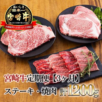 ふるさと納税 高原町 宮崎牛定期便[3ヶ月]ステーキ・焼肉 合計1200g mi-684