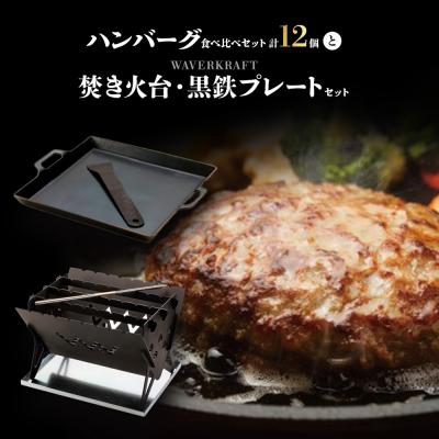 ふるさと納税 新十津川町 大畠精肉店のハンバーグ食べ比べセット計12個と焚き火台・黒鉄プレートセット