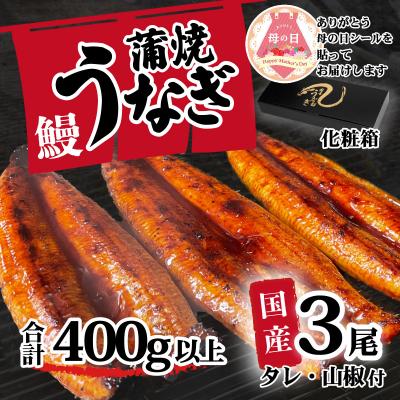ふるさと納税 八千代町 [母の日][化粧箱]訳あり 国産うなぎ 蒲焼き 3尾 400g以上 大きさ不揃い タレ山椒付 ギフト