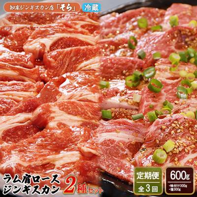 ふるさと納税 中標津町 [定期便:全3回]知床ジンギスカン店「そら」ラム肩ロースジンギスカン2種 計600g[16011]
