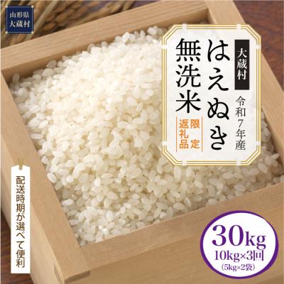 ふるさと納税 大蔵村 数量限定品 R7年産 はえぬき[無洗米]30kg定期便(10kg×3回) 大蔵村[配送時期指定可]