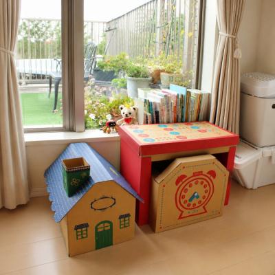 ふるさと納税 相模原市 成長に合わせて使える段ボール家具 ジュニアデスクチェア&amp;おうち型収納ボックス◇[赤色セット]