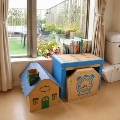 ふるさと納税 相模原市 成長に合わせて使える段ボール家具 ジュニアデスクチェア&amp;おうち型収納ボックス◇[青色セット]