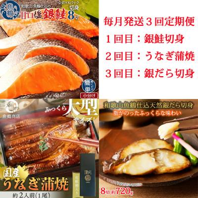 ふるさと納税 太地町 [毎月定期便]魚鶴お楽しみ海鮮3種セット(銀鮭切身・うなぎ蒲焼・銀だら切身)[tkb418]全3回