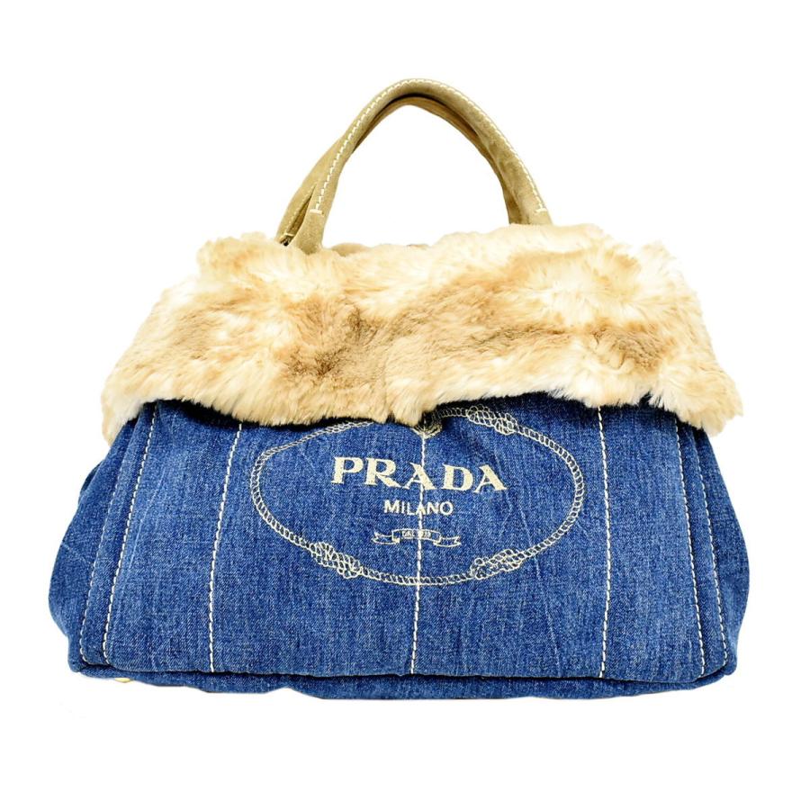 本物 プラダ PRADA カナパ トートバッグ ハンドバッグ デニム ファー  