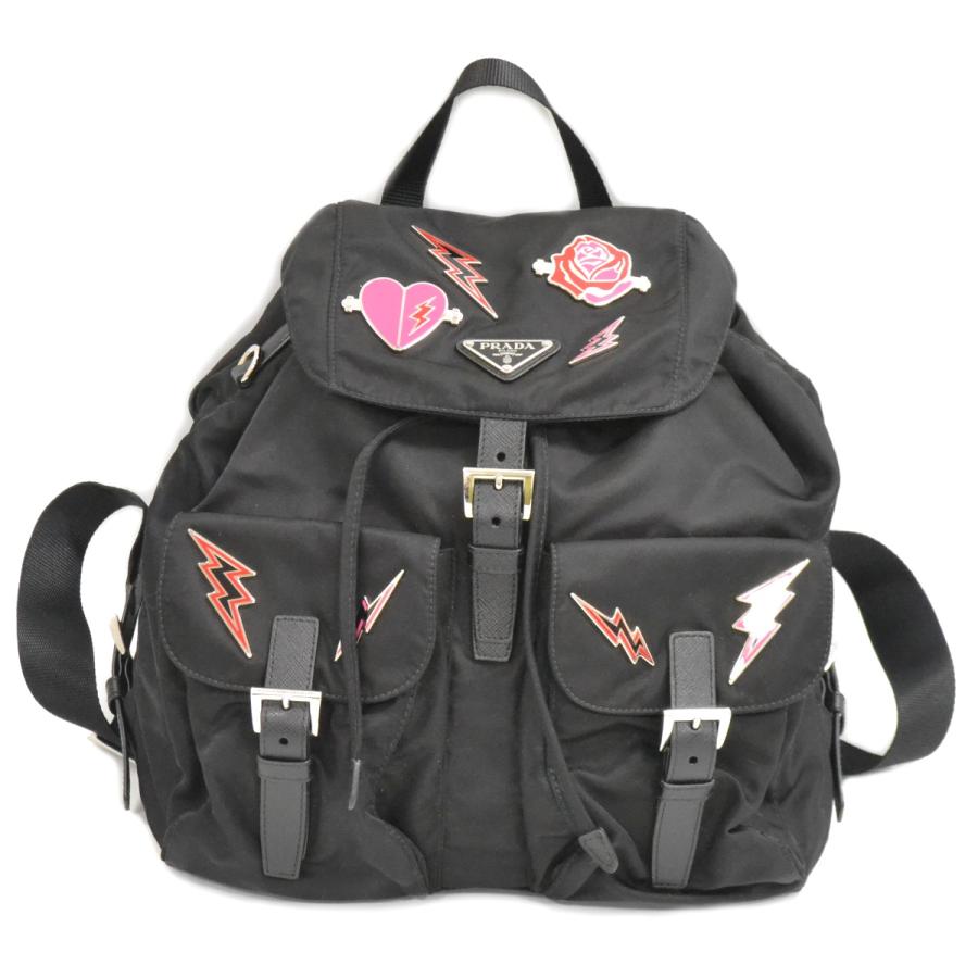 本物 プラダ PRADA テスート ローズ ハート ブローチ付 リュックサック バックパック ナイロン ブラック 1BZ811