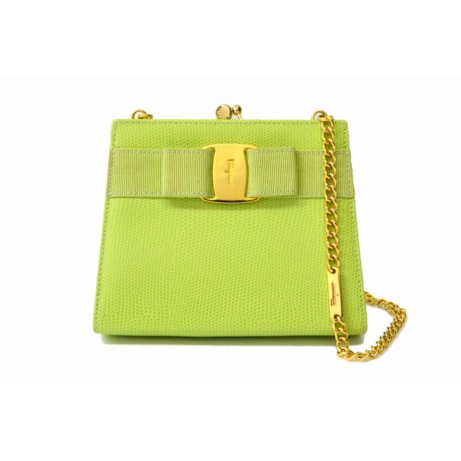 本物 Salvatore Ferragamo サルヴァトーレ フェラガモ ヴァラ リボン リザード型押し 斜め掛け チェーン ショルダーバッグ ライムグリーン 中古
