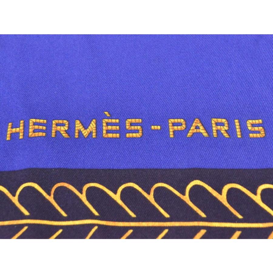 本物 HERMES エルメス スカーフカレ 65 馬具柄 プチカレ スカーフ バンダナ シルク 絹 ブルー オレンジ 青 橙 中古