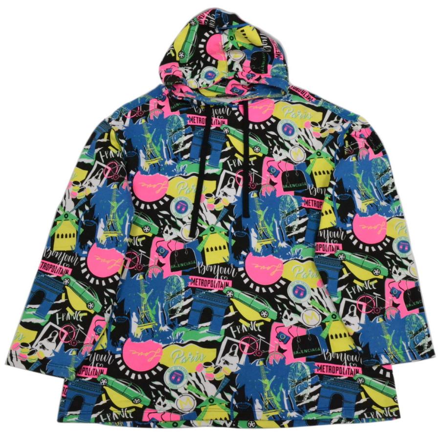 本物 バレンシアガ BALENCIAGA マルチロゴ 総柄 プルオーバー パーカー 