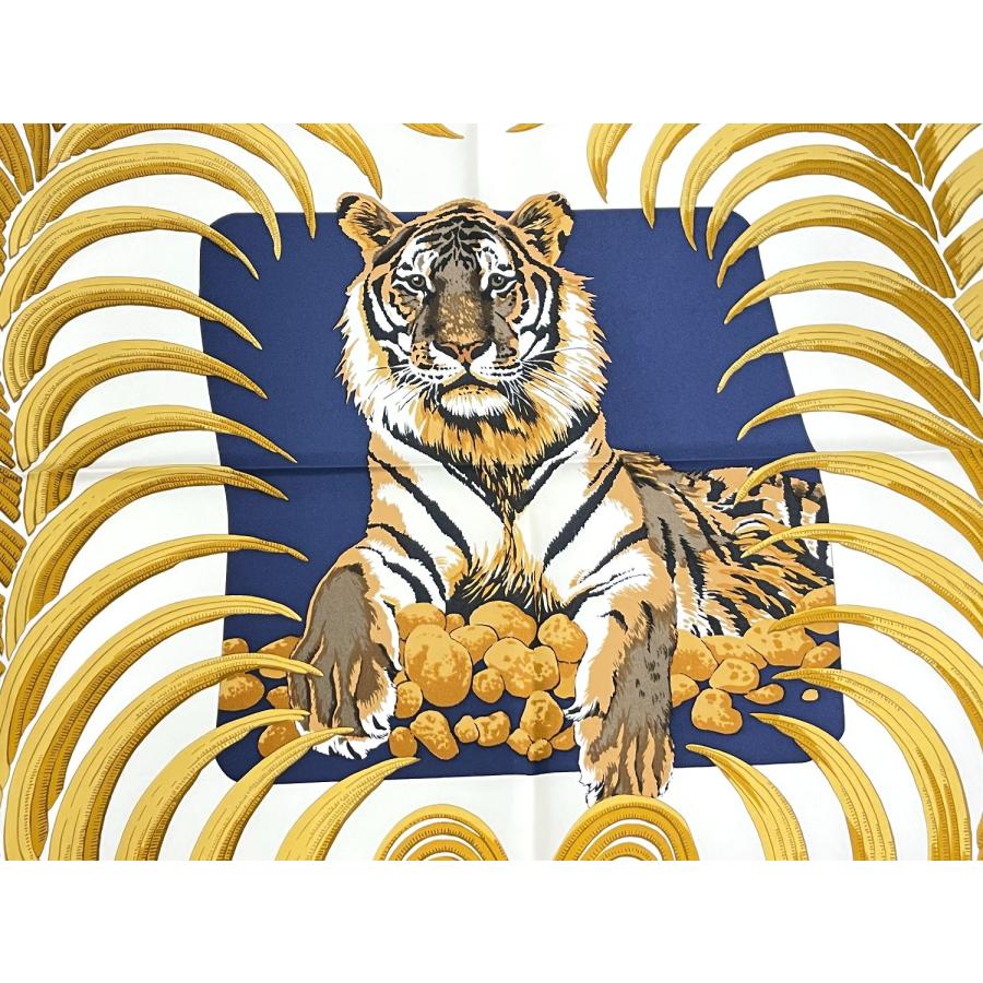 本物 エルメス HERMES スカーフカレ カレ90 TIGRE ROYAL 王者の虎 スカーフ ショール バンダナ シルク ネイビー ホワイト