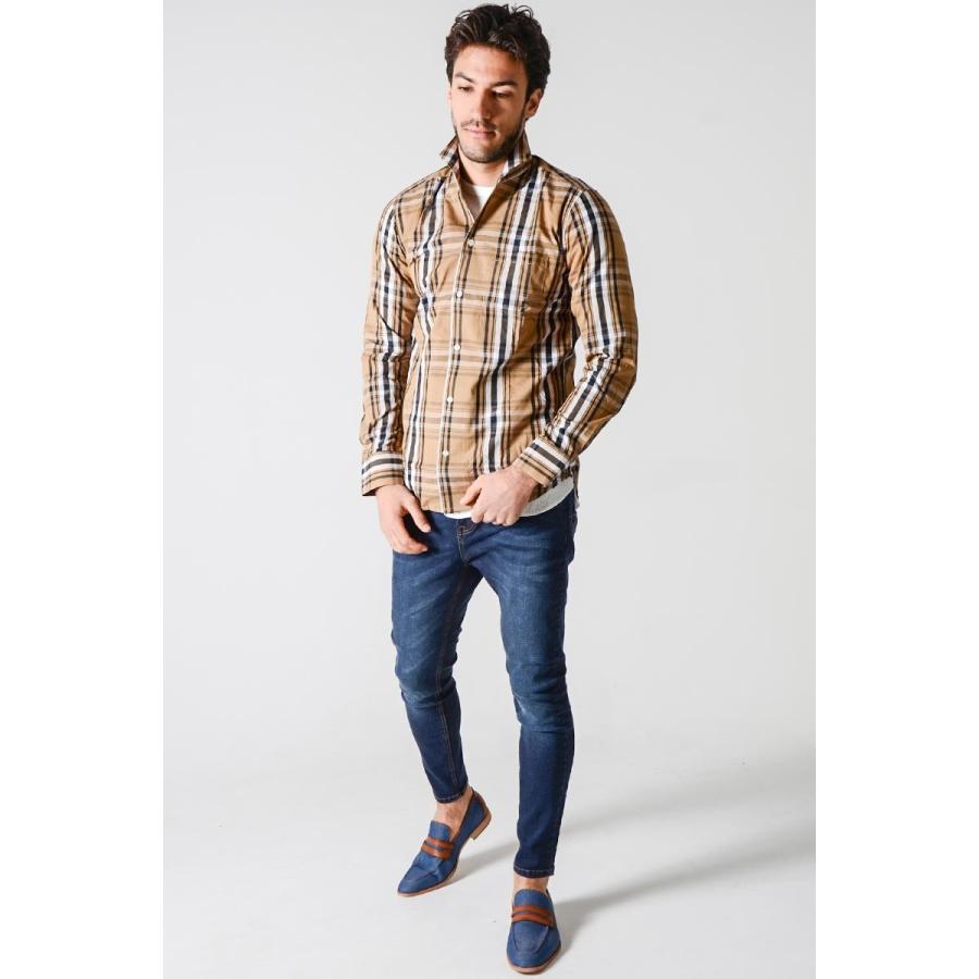 シャツ メンズ 春 春服 長袖 イタリアンカラー チェック シャツ ベージュ M L Slowgan 通販 Yahoo ショッピング