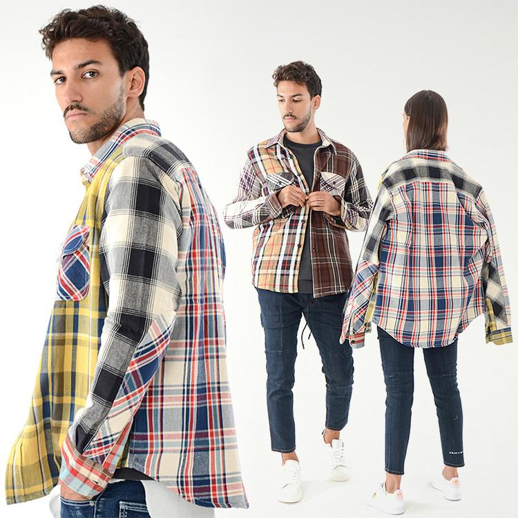 ラスイチ チェックシャツ メンズ 秋服 秋冬 パッチワーク ネルシャツ ヘビーネル 裏起毛 オーバーサイズ 大きいサイズ アメカジ 韓国 イエロー ブラウン 619 01 Slowgan 通販 Yahoo ショッピング