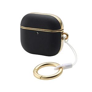 AirPods 4 ケース 用 ソフトレザー カバー ( ワイヤレス / MagSafe 充電対応 ) 衝撃吸収 落下防止 カラビナ付 メッキ加工 ブラック   AVA-AP06PLMBK | ELECOM