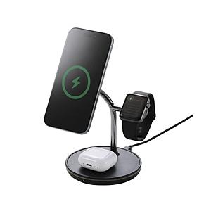 ELECOM(エレコム) ワイヤレス充電器 スタンド型 マグネット対応 3in1 15W MfM認証 Apple Watch高速モジュール MfA認証  ブラック W-MS07BK | ELECOM
