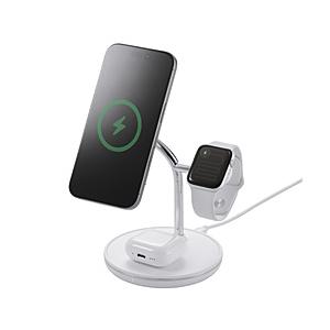 ELECOM(エレコム) ワイヤレス充電器 スタンド型 マグネット対応 3in1 15W MfM認証 Apple Watch高速モジュール MfA認証  ホワイト W-MS07WH | ELECOM