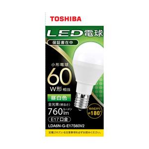 TOSHIBA(東芝) LED電球　口金E17　ミニクリプトン形　調光非対応　全光束760lm　昼白色　配光角ビーム角180度　60W相当　広配光タイプ LDA6N-G-E17S60V2 | TOSHIBA