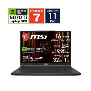 ゲーミングノートパソコン Stealth A16 AI+ A3XW(RTX 5070 Ti) コアブラック Stealth-A16-AI+A3HWHG-6459JP [16.0型 /Windows11 Pro /AMD Ryzen 7 /メモリ：3… | MSI