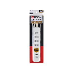 ELPA 耐雷USBタップ　4個口＋2ポート WLS4232BUAW   WLS-4232BUA(W) ［2ポート］ 【864】 | ELPA