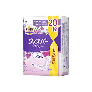 P＆G ウィスパー うすさら吸水 女性用 吸水ケア 100cc 多くても安心用 夜用ナプキンサイズ 20枚入り 27cm 大容量パック(多い量の尿モレ用) | P&G