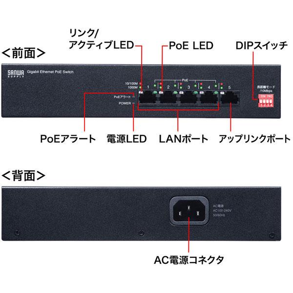 SANWA SUPPLY(サンワサプライ) スイッチングハブ［5ポート /Giga対応］ PoE対応  ブラック LAN-GIGAPOE51 | SANWA SUPPLY | 02