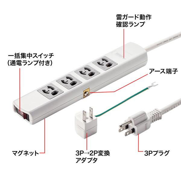 SANWA SUPPLY(サンワサプライ) 雷ガードタップ(抜け止めタイプ)  ホワイト TAP-SP34MG-3 ［3.0m /4個口 /スイッチ付き（一括）］ [振込不可] | SANWA SUPPLY | 03