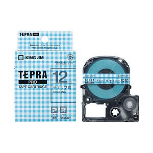 キングジム 模様ラベルテープ 「テプラPRO」 （チェック青テープ/グレー文字/12mm幅） SWX12BH | KING JIM