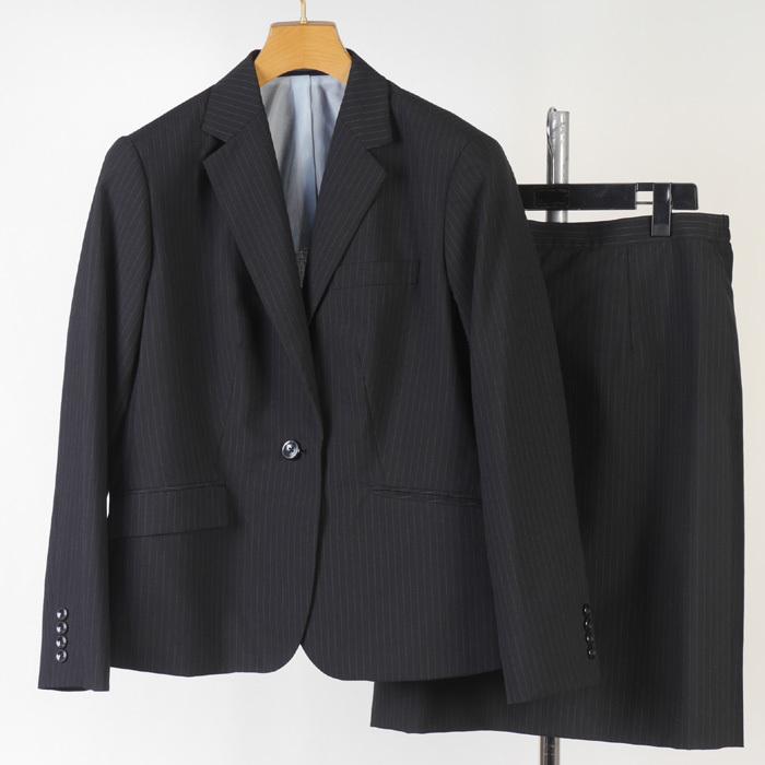 スーツ レディース わけあり 洗える ビジネススーツ 大きいサイズ21号 1釦ジャケット スカートセット ウエストゴム 黒ストライプ 4000