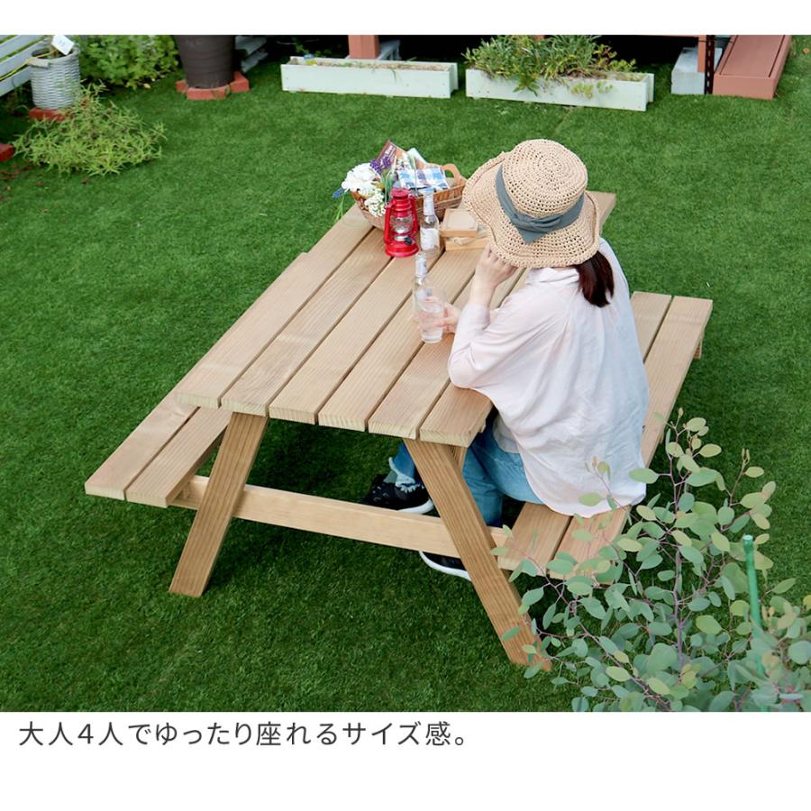 ピクニックテーブル 幅147 日本製 ニュージーランドパイン 防腐加工 無塗装 木製 ガーデンテーブル 一体型 ガーデンベンチ アウトドアテーブル おしゃれ｜y-syo-ei｜06