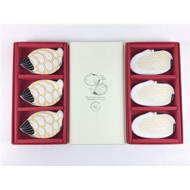 専用化粧箱入】有田焼 幸楽窯 箸置 鶴.雪衣金羽根/亀.雪衣菱模様 (3個