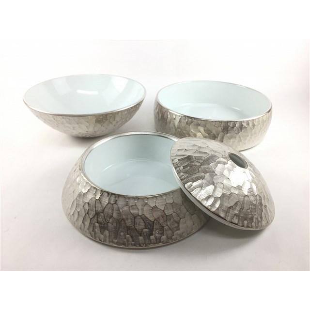 有田焼 李荘窯 玉重.本銀彩槌目内白　銀色 重箱 3段重 16cm 有田焼 李荘窯 玉重 本銀彩槌目内白 珠型三段重 化粧箱付き 食器