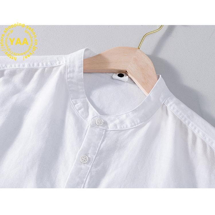 白シャツ メンズ 綿麻 ヘンリーネック スタンドカラー リネンシャツ